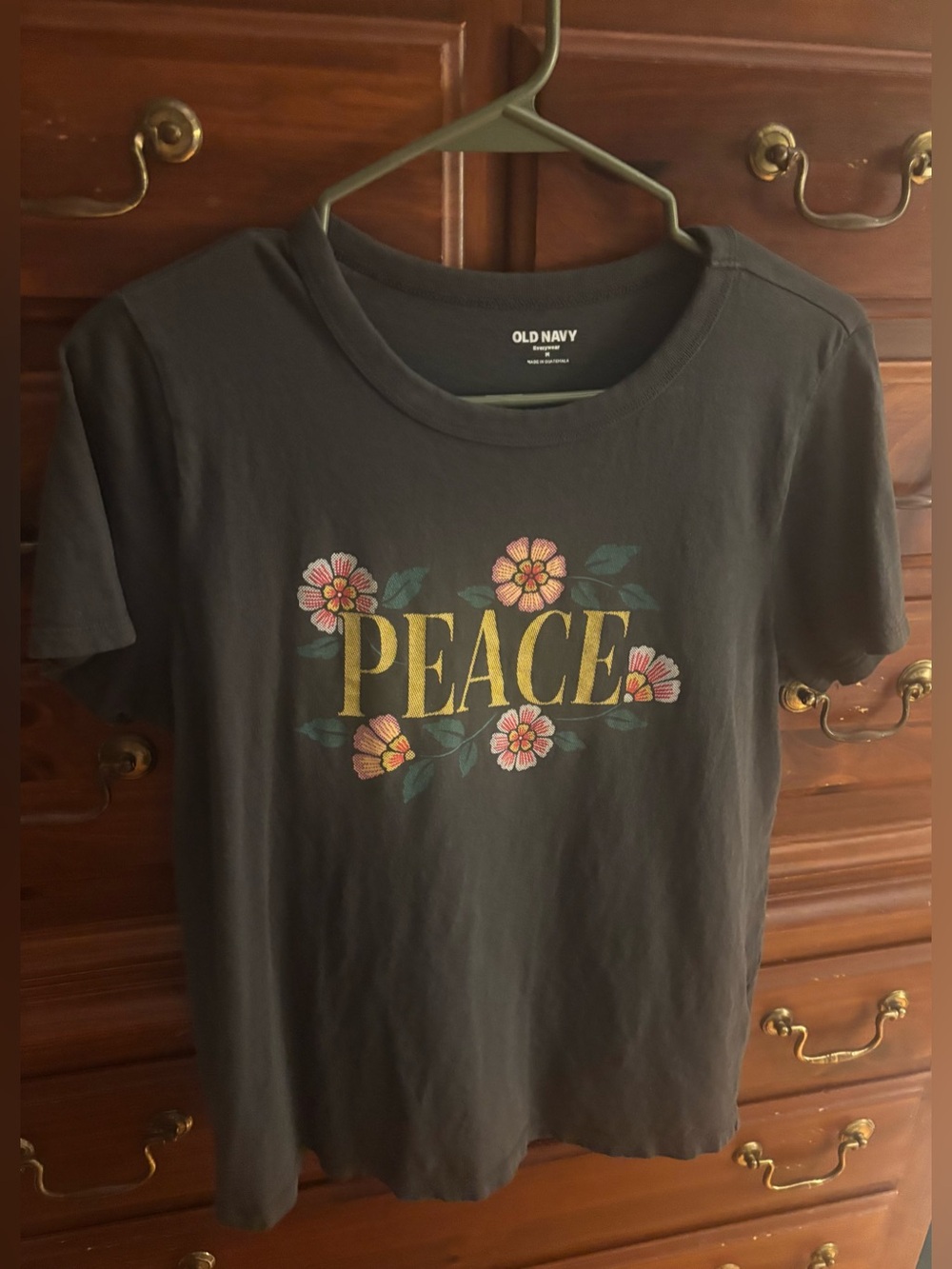 Old Navy Dark Gray Graphic 'PEACE' Tee with Floral Accents